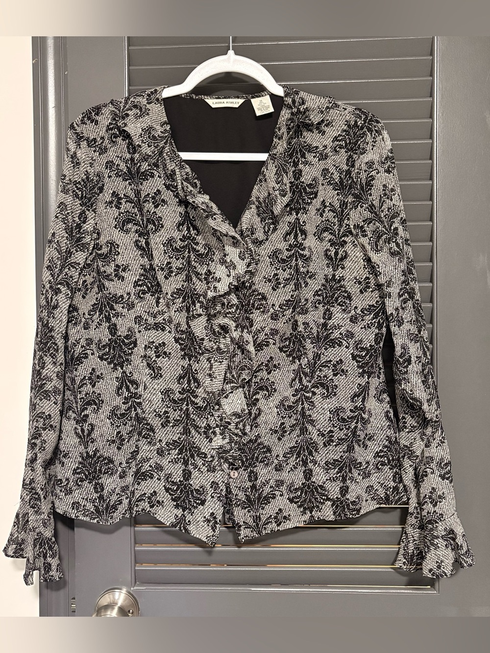Vintage Laura Ashley Silk Black and White Floral Ruffle Front Blouse